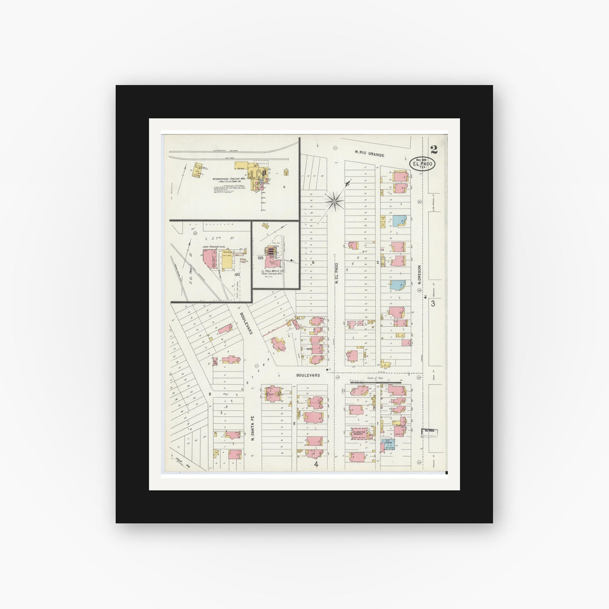 Old map wall art mockup — black gallery frame with white mat — Sanborn Fire Insurance Map from El Paso, El Paso County, Texas (1898), Sheet #0002