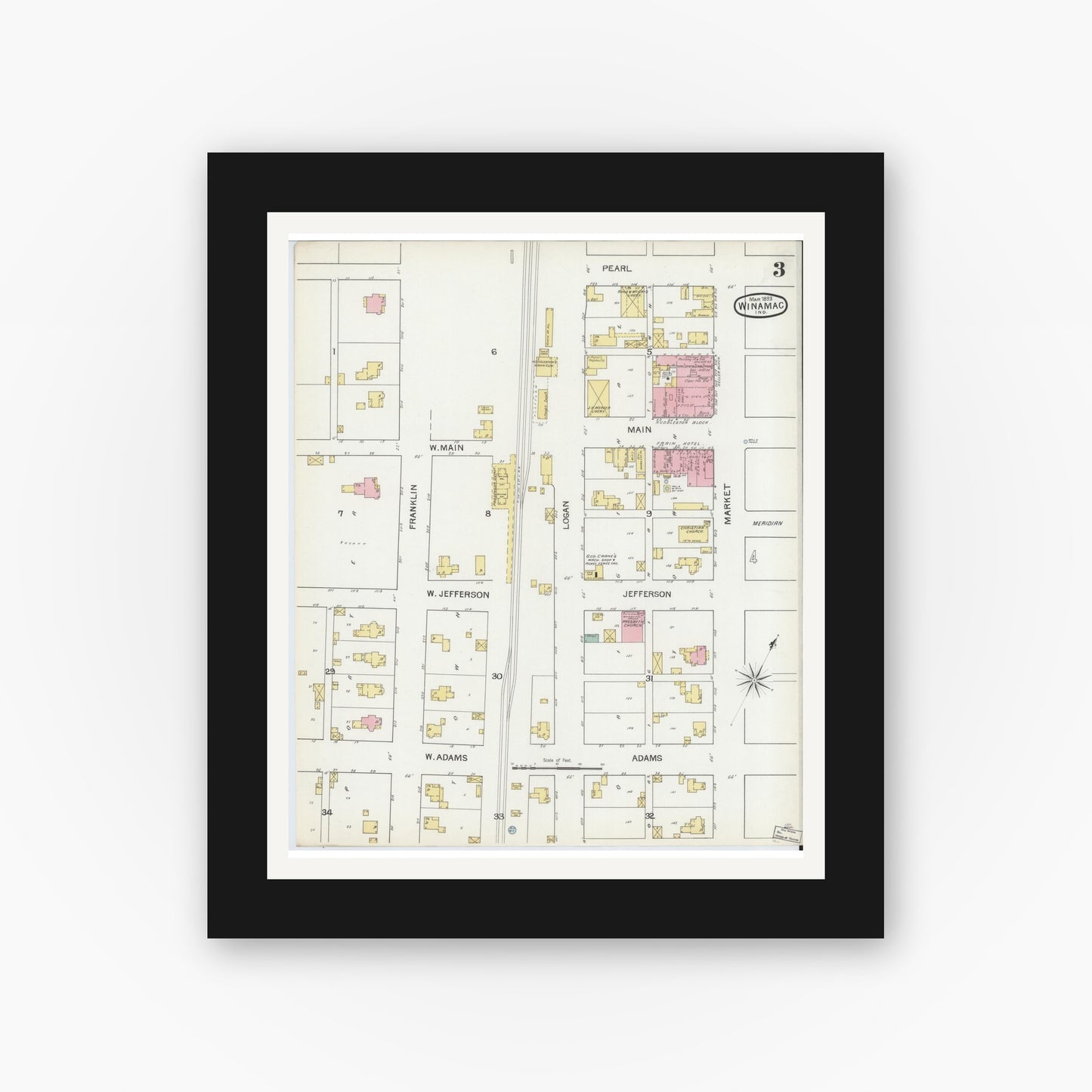Old map wall art mockup — black gallery frame with white mat — Sanborn Fire Insurance Map from Winamac, Pulaski County, Indiana (1893), Sheet #0003