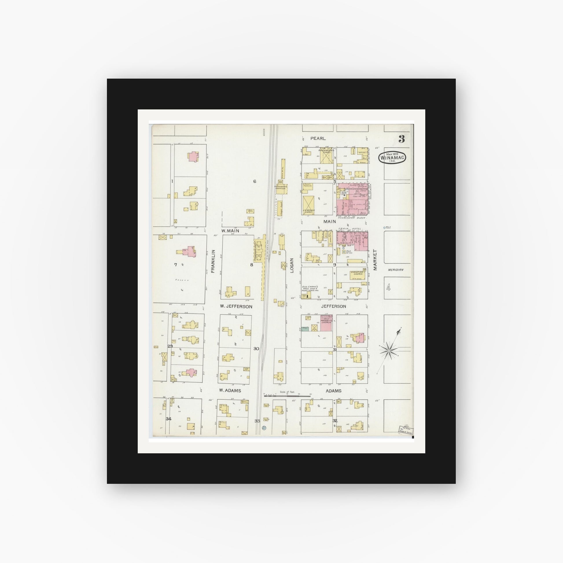 Old map wall art mockup — black gallery frame with white mat — Sanborn Fire Insurance Map from Winamac, Pulaski County, Indiana (1893), Sheet #0003