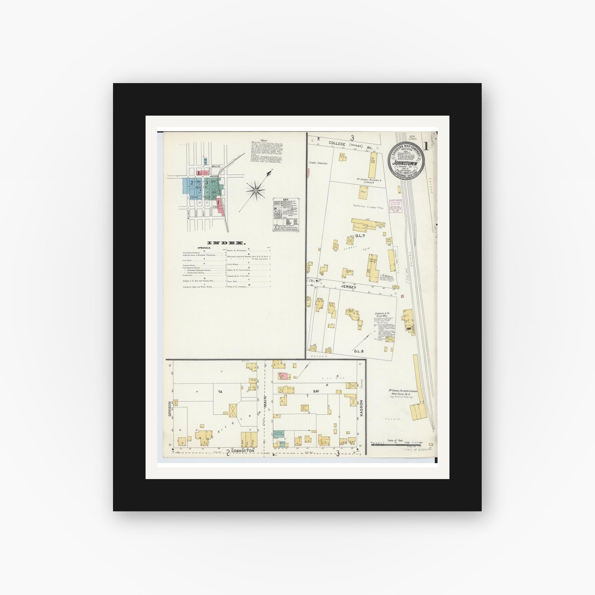Old map wall art mockup — black gallery frame with white mat — Sanborn Fire Insurance Map from Johnstown, Licking County, Ohio (1905), Sheet #0001