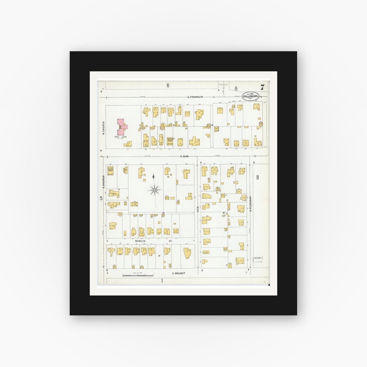 Old map wall art mockup — black gallery frame with white mat — Sanborn Fire Insurance Map from Hillsboro, Hill County, Texas (1900), Sheet #0007