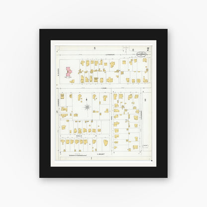Old map wall art mockup — black gallery frame with white mat — Sanborn Fire Insurance Map from Hillsboro, Hill County, Texas (1900), Sheet #0007