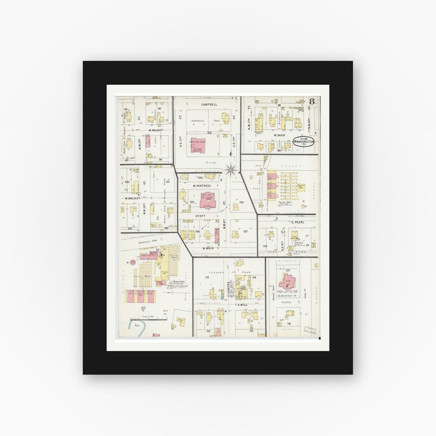 Old map wall art mockup — black gallery frame with white mat — Sanborn Fire Insurance Map from Washington, Daviess County, Indiana (1896), Sheet #0008