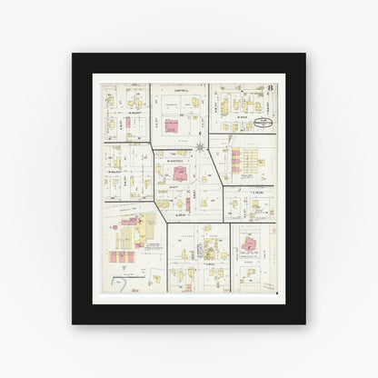 Old map wall art mockup — black gallery frame with white mat — Sanborn Fire Insurance Map from Washington, Daviess County, Indiana (1896), Sheet #0008