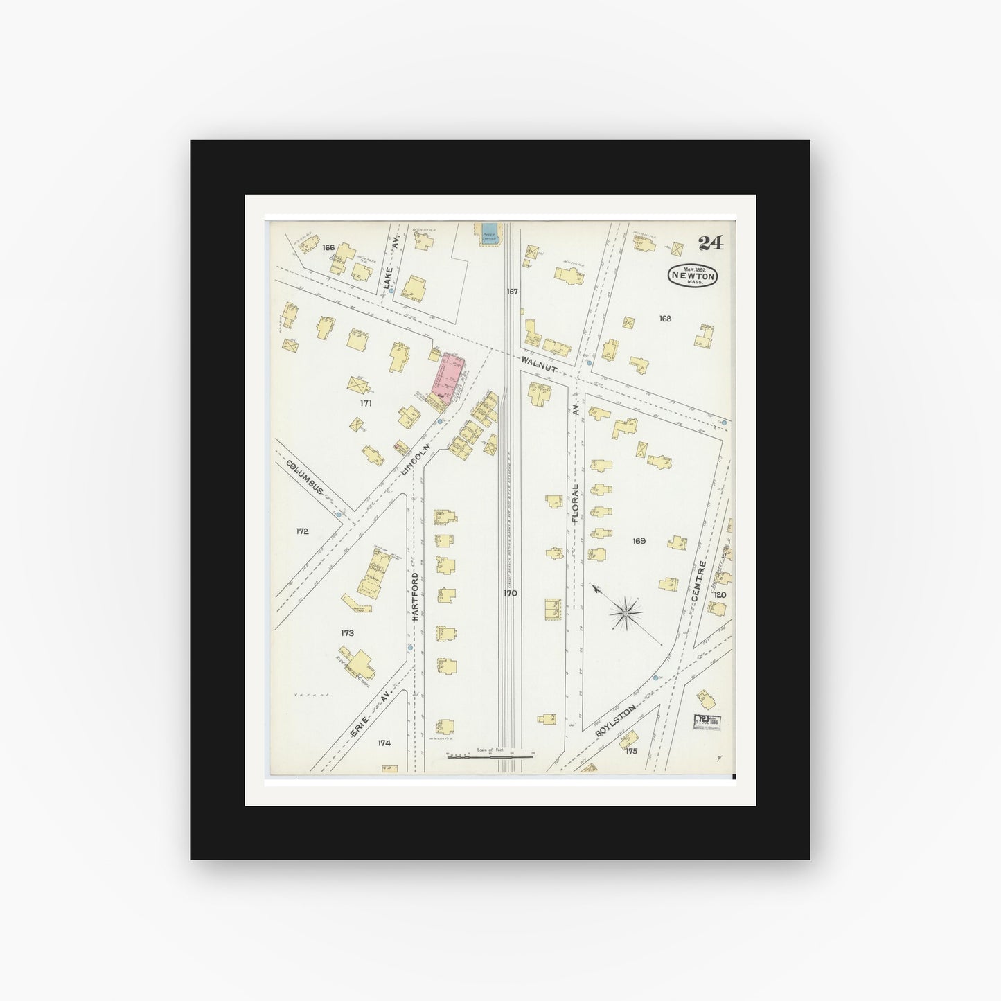 Old map wall art mockup — black gallery frame with white mat — Sanborn Fire Insurance Map from Newton, Middlesex County, Massachusetts (1892), Sheet #0024