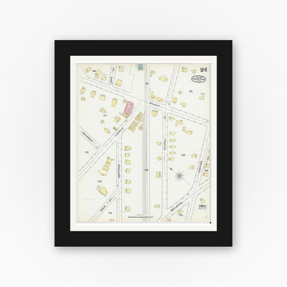 Old map wall art mockup — black gallery frame with white mat — Sanborn Fire Insurance Map from Newton, Middlesex County, Massachusetts (1892), Sheet #0024
