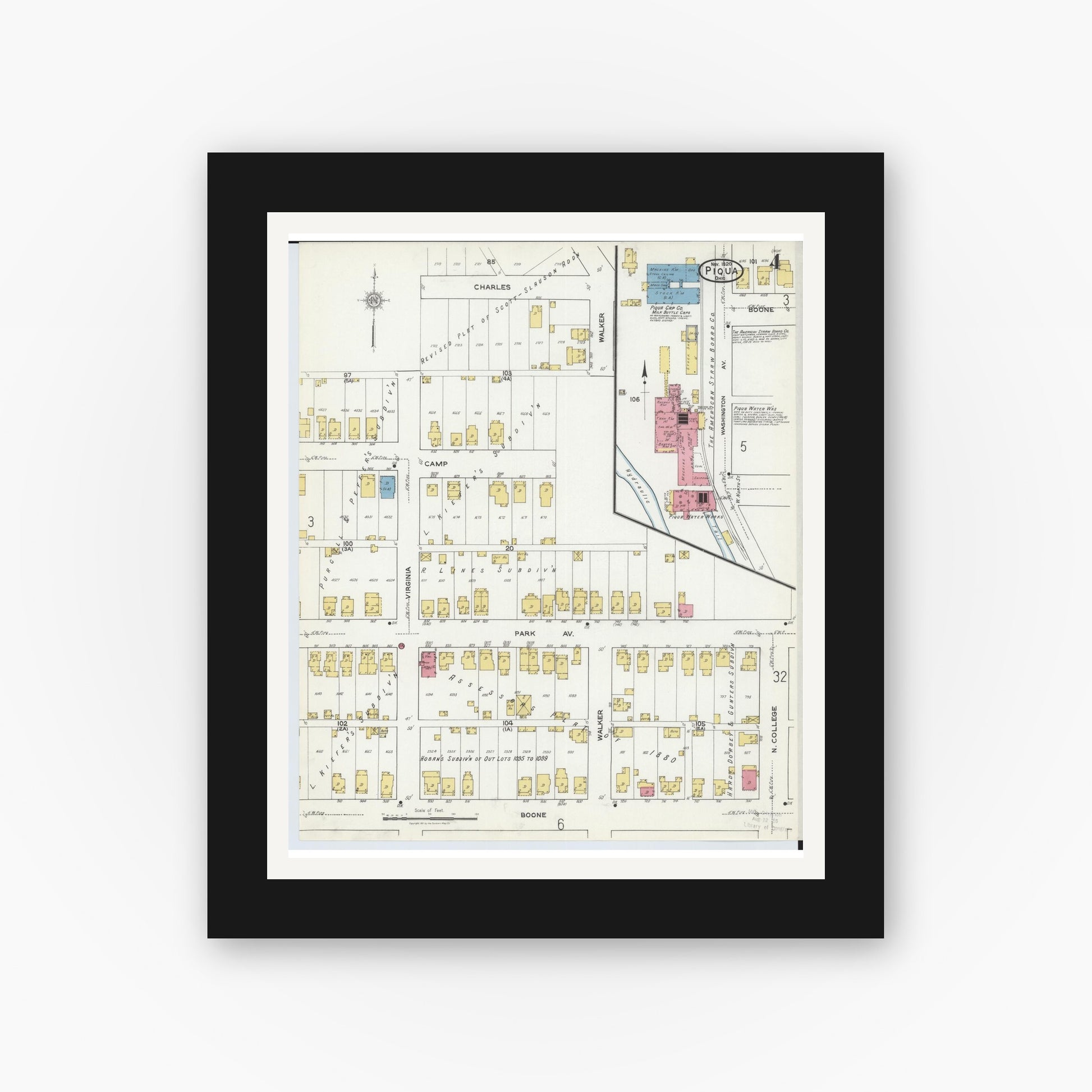 Old map wall art mockup — black gallery frame with white mat — Sanborn Fire Insurance Map from Piqua, Miami County, Ohio (1920), Sheet #0004