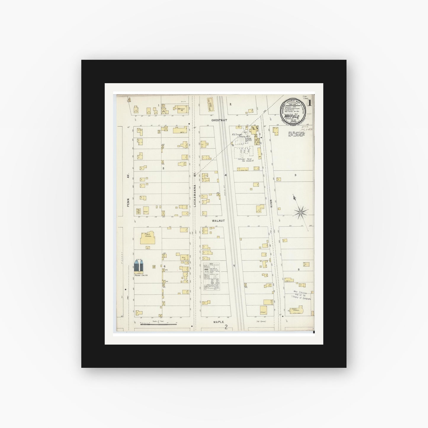 Old map wall art mockup — black gallery frame with white mat — Sanborn Fire Insurance Map from Mayfield, Lackawanna County, Pennsylvania (1896), Sheet #0001