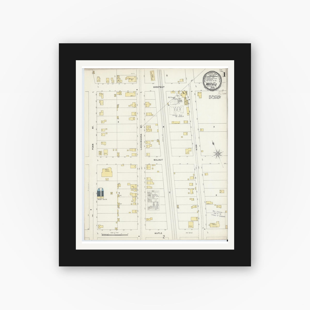 Old map wall art mockup — black gallery frame with white mat — Sanborn Fire Insurance Map from Mayfield, Lackawanna County, Pennsylvania (1896), Sheet #0001
