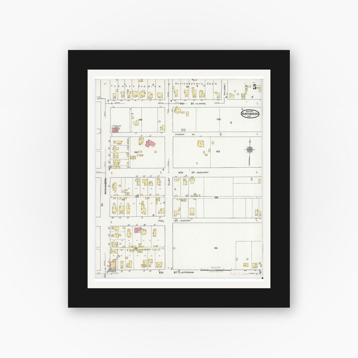 Old map wall art mockup — black gallery frame with white mat — Sanborn Fire Insurance Map from Huntingburg, Dubois County, Indiana (1921), Sheet #0005