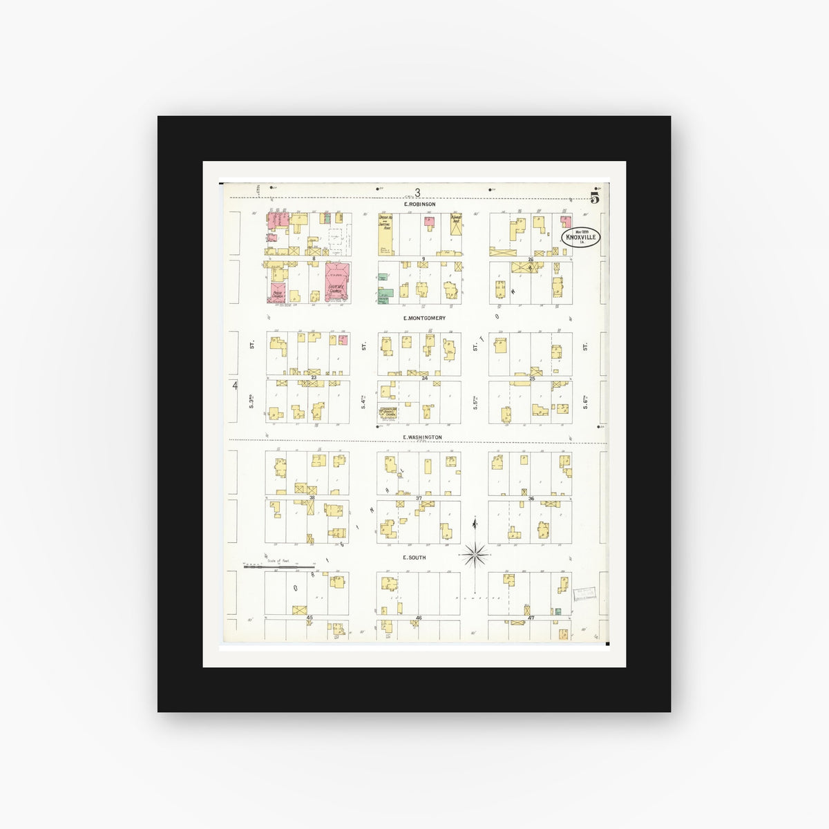 Old map wall art mockup — black gallery frame with white mat — Sanborn Fire Insurance Map from Knoxville, Marion County, Iowa (1899), Sheet #0005