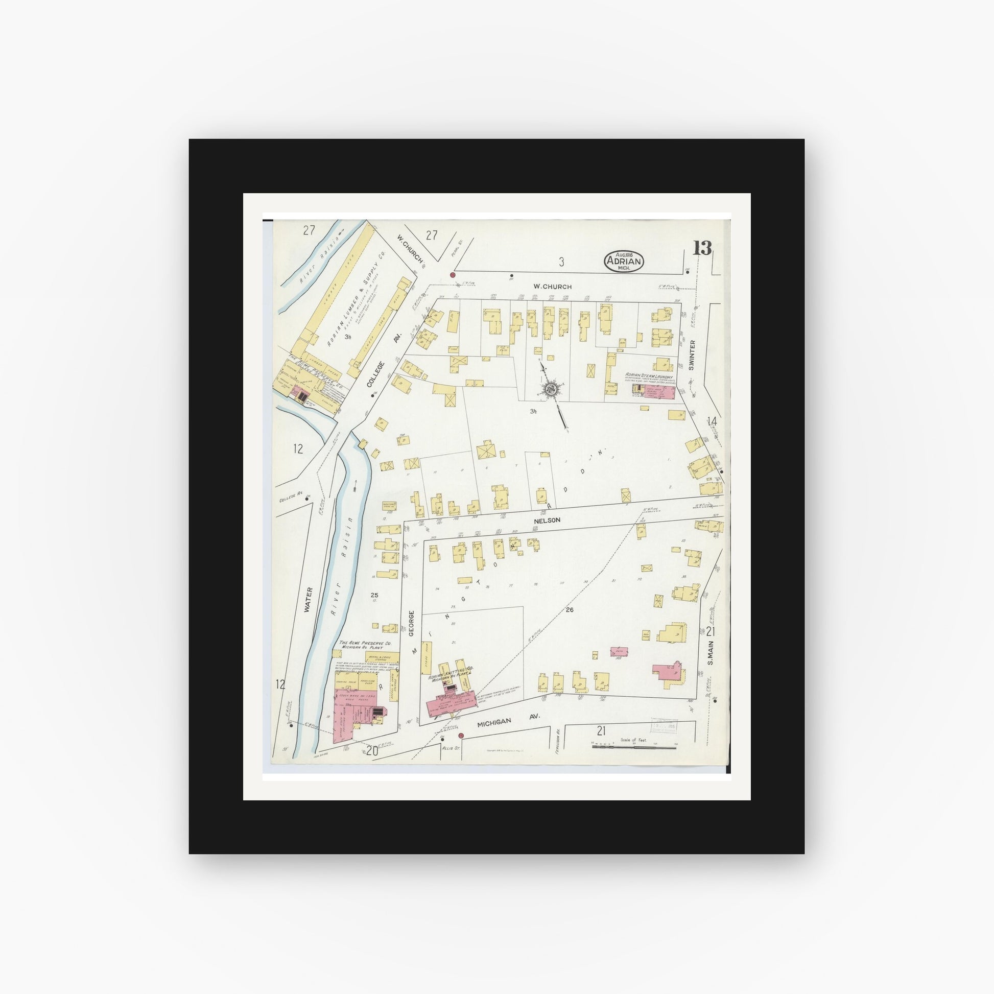 Old map wall art mockup — black gallery frame with white mat — Sanborn Fire Insurance Map from Adrian, Lenawee County, Michigan (1916), Sheet #0013