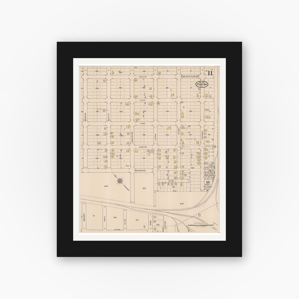 Old map wall art mockup — black gallery frame with white mat — Sanborn Fire Insurance Map from Yoakum, De Witt And Lavaca Counties, Texas (1922), Sheet #0011