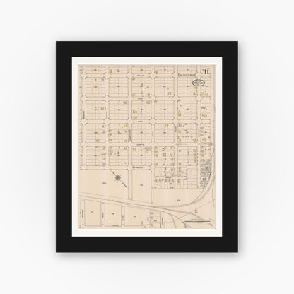 Old map wall art mockup — black gallery frame with white mat — Sanborn Fire Insurance Map from Yoakum, De Witt And Lavaca Counties, Texas (1922), Sheet #0011