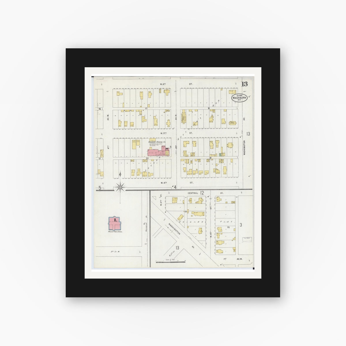 Old map wall art mockup — black gallery frame with white mat — Sanborn Fire Insurance Map from Washburn, Bayfield County, Wisconsin (1898), Sheet #0013