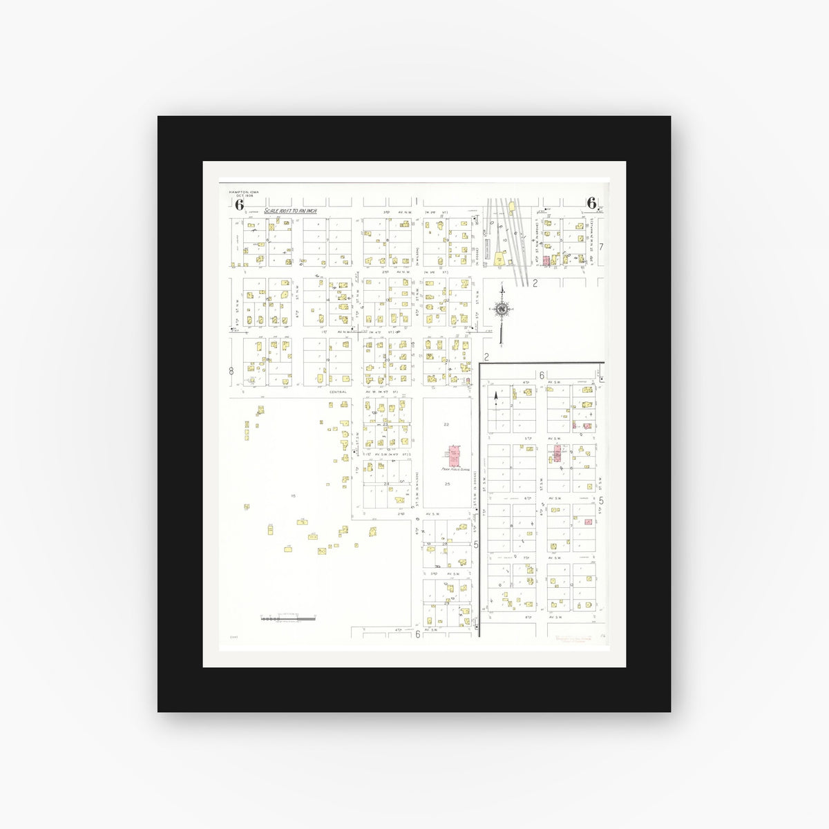 Old map wall art mockup — black gallery frame with white mat — Sanborn Fire Insurance Map from Hampton, Franklin County, Iowa (1938), Sheet #0006
