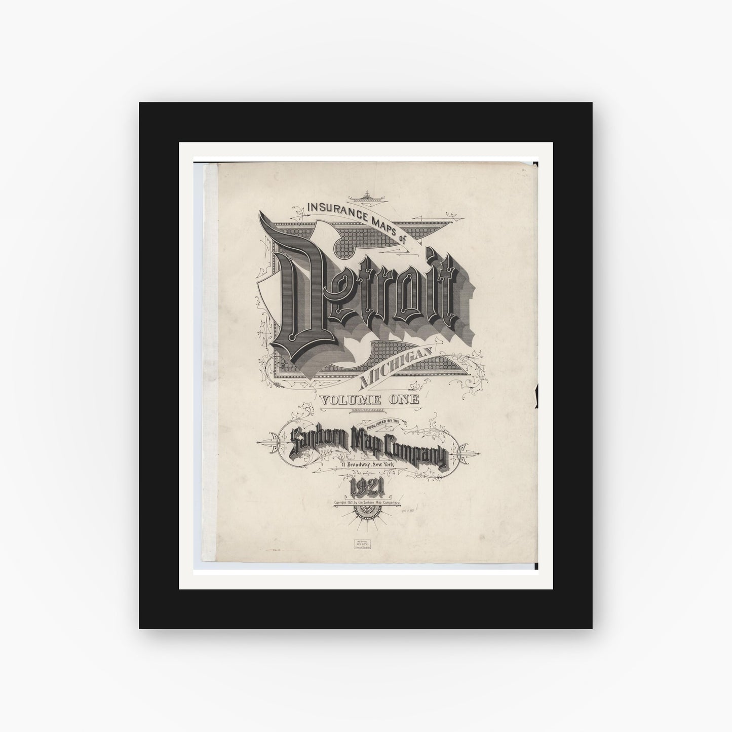 Old map wall art mockup — black gallery frame with white mat — Sanborn Fire Insurance Map from Detroit, Wayne County, Michigan (1921), Sheet #0001