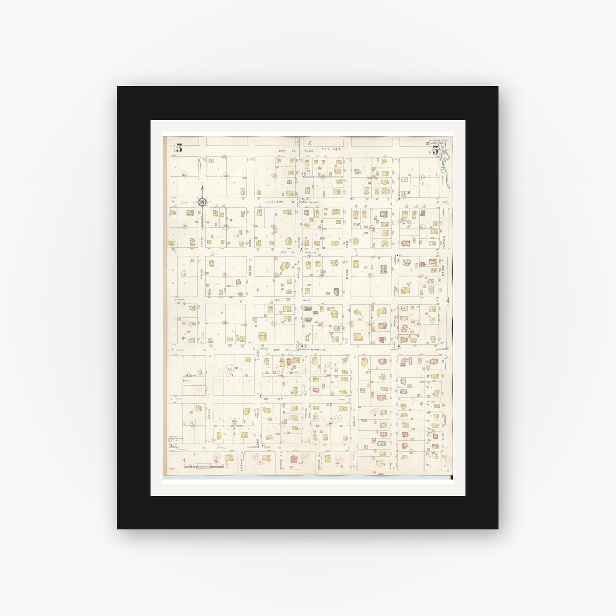 Old map wall art mockup — black gallery frame with white mat — Sanborn Fire Insurance Map from Snyder, Scurry County, Texas (1942), Sheet #0005