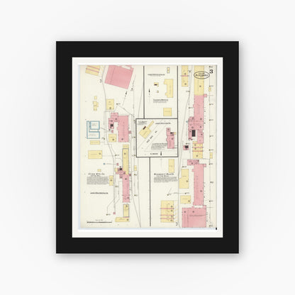 Old map wall art mockup — black gallery frame with white mat — Sanborn Fire Insurance Map from Albemarle, Stanley County, North Carolina (1908), Sheet #0003