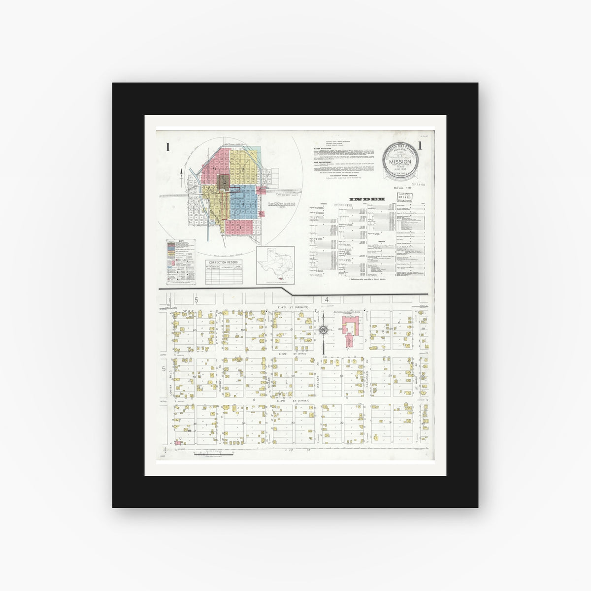 Old map wall art mockup — black gallery frame with white mat — Sanborn Fire Insurance Map from Mission, Hidalgo County, Texas (1933), Sheet #0001