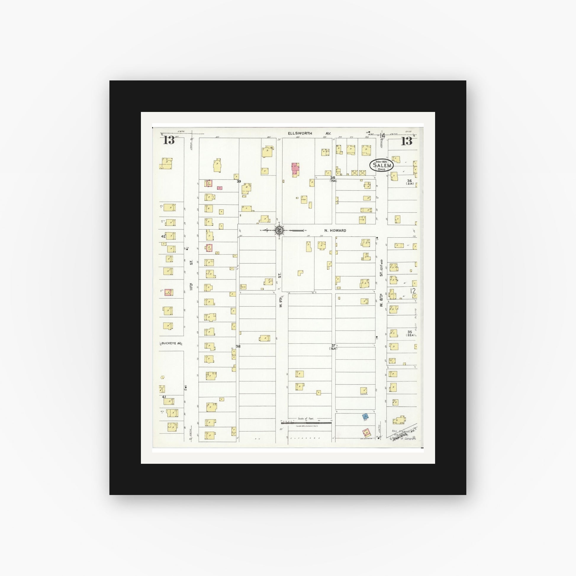 Old map wall art mockup — black gallery frame with white mat — Sanborn Fire Insurance Map from Salem, Columbiana County, Ohio (1926), Sheet #0013