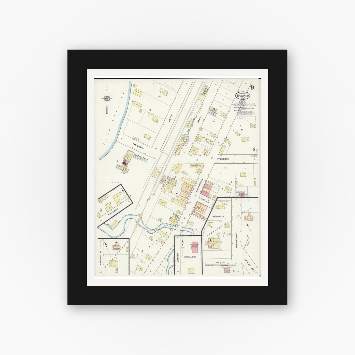 Old map wall art mockup — black gallery frame with white mat — Sanborn Fire Insurance Map from Shawano, Shawano County, Wisconsin (1913), Sheet #0009
