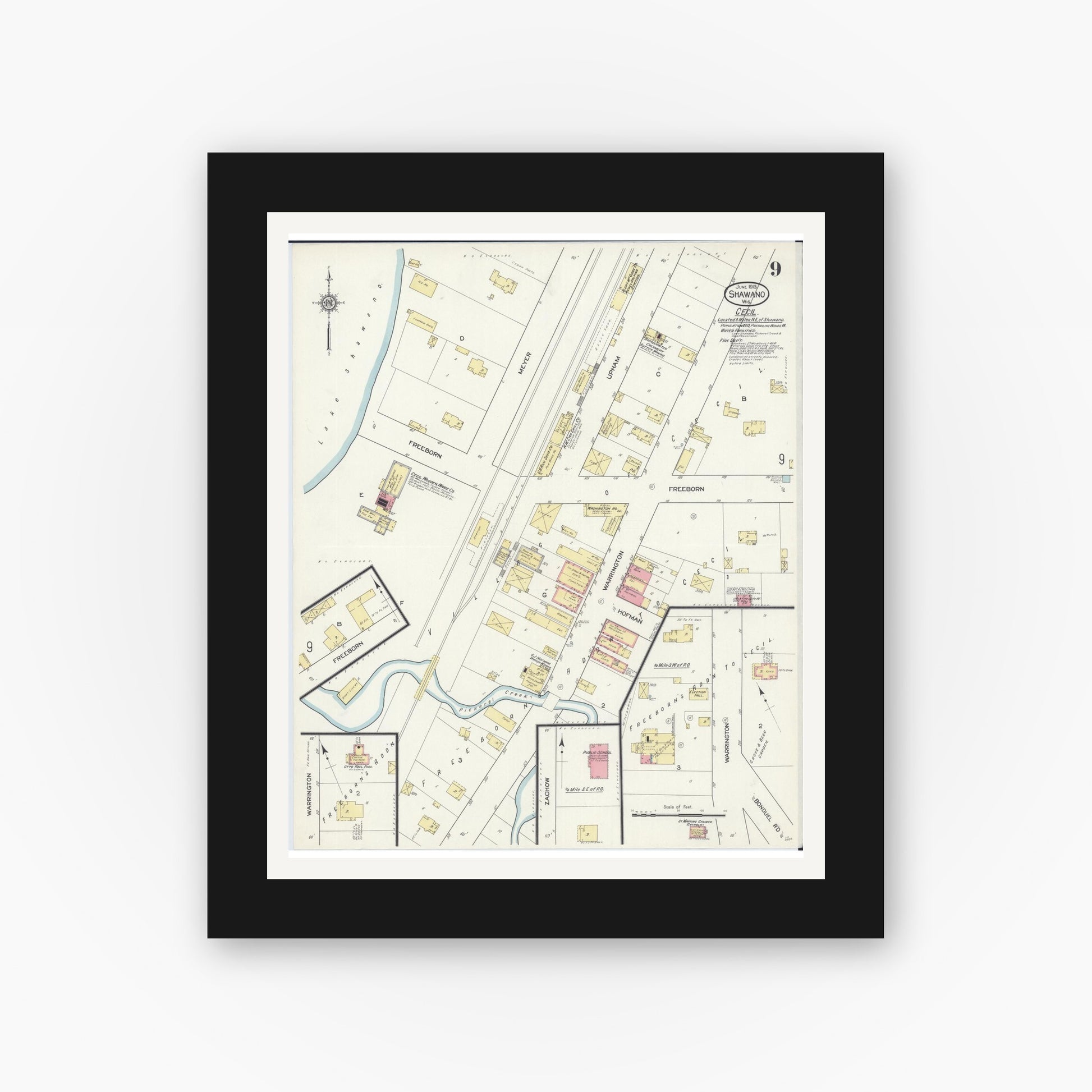 Old map wall art mockup — black gallery frame with white mat — Sanborn Fire Insurance Map from Shawano, Shawano County, Wisconsin (1913), Sheet #0009