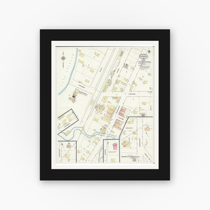 Old map wall art mockup — black gallery frame with white mat — Sanborn Fire Insurance Map from Shawano, Shawano County, Wisconsin (1913), Sheet #0009