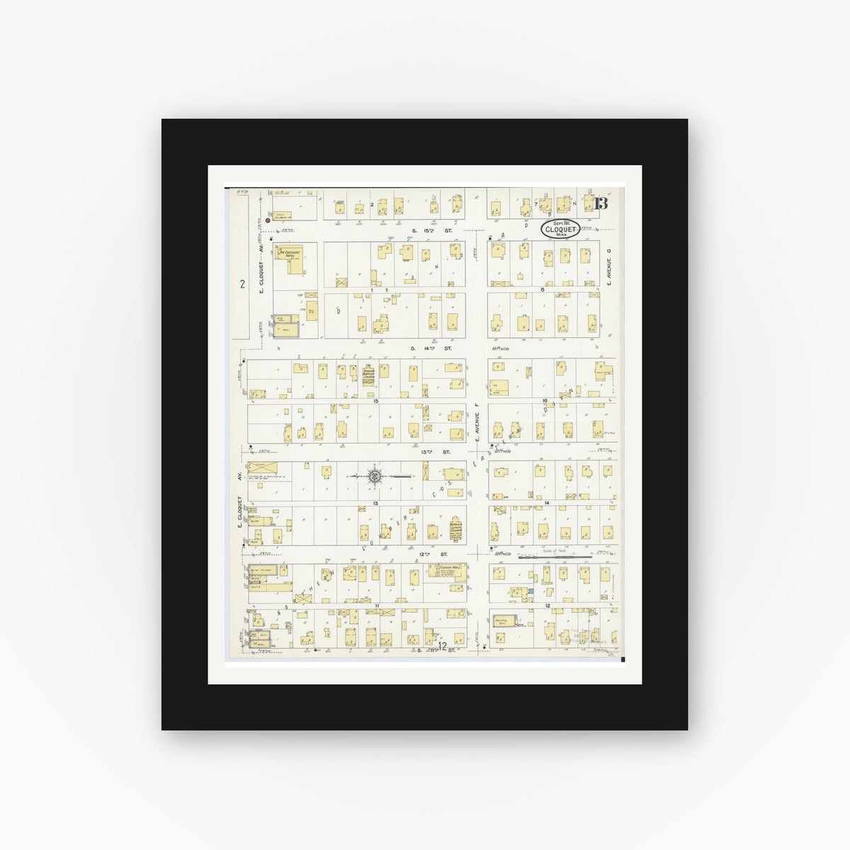 Old map wall art mockup — black gallery frame with white mat — Sanborn Fire Insurance Map from Cloquet, Carlton County, Minnesota (1911), Sheet #0013