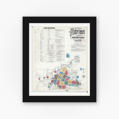 Old map wall art mockup — black gallery frame with white mat — Sanborn Fire Insurance Map from Adrian, Lenawee County, Michigan (1908), Sheet #0001