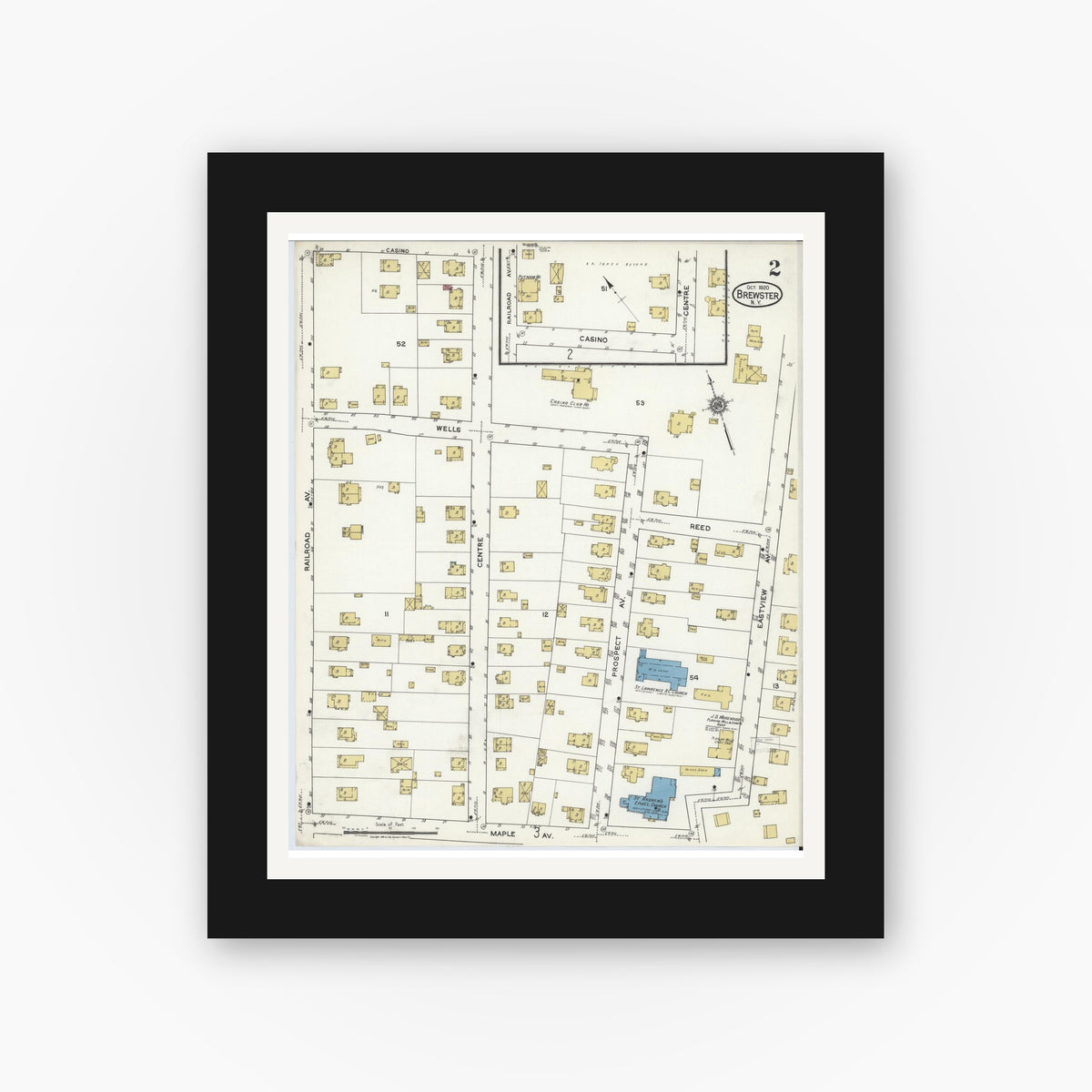 Old map wall art mockup — black gallery frame with white mat — Sanborn Fire Insurance Map from Brewster, Putnam County, New York (1920), Sheet #0002