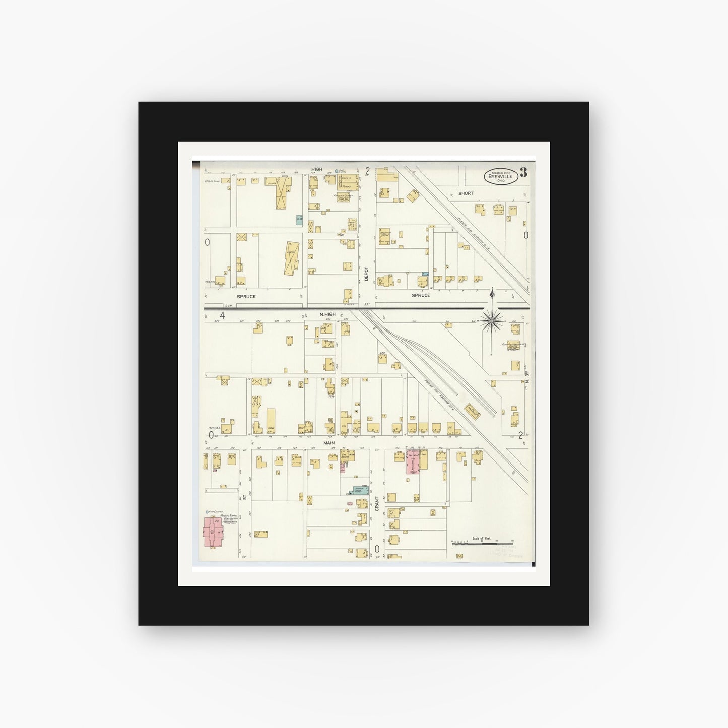 Old map wall art mockup — black gallery frame with white mat — Sanborn Fire Insurance Map from Byesville, Guernsey County, Ohio (1905), Sheet #0003