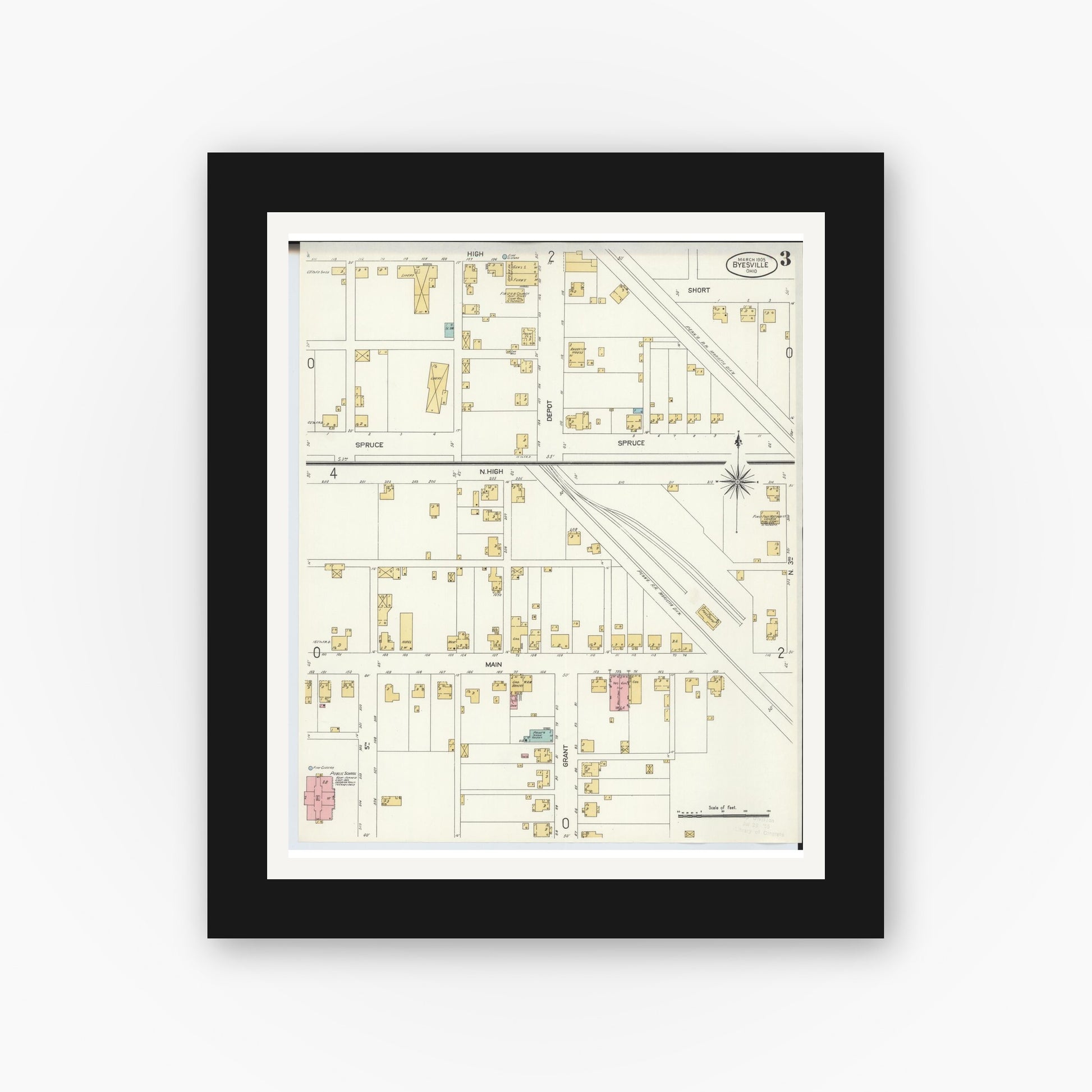 Old map wall art mockup — black gallery frame with white mat — Sanborn Fire Insurance Map from Byesville, Guernsey County, Ohio (1905), Sheet #0003