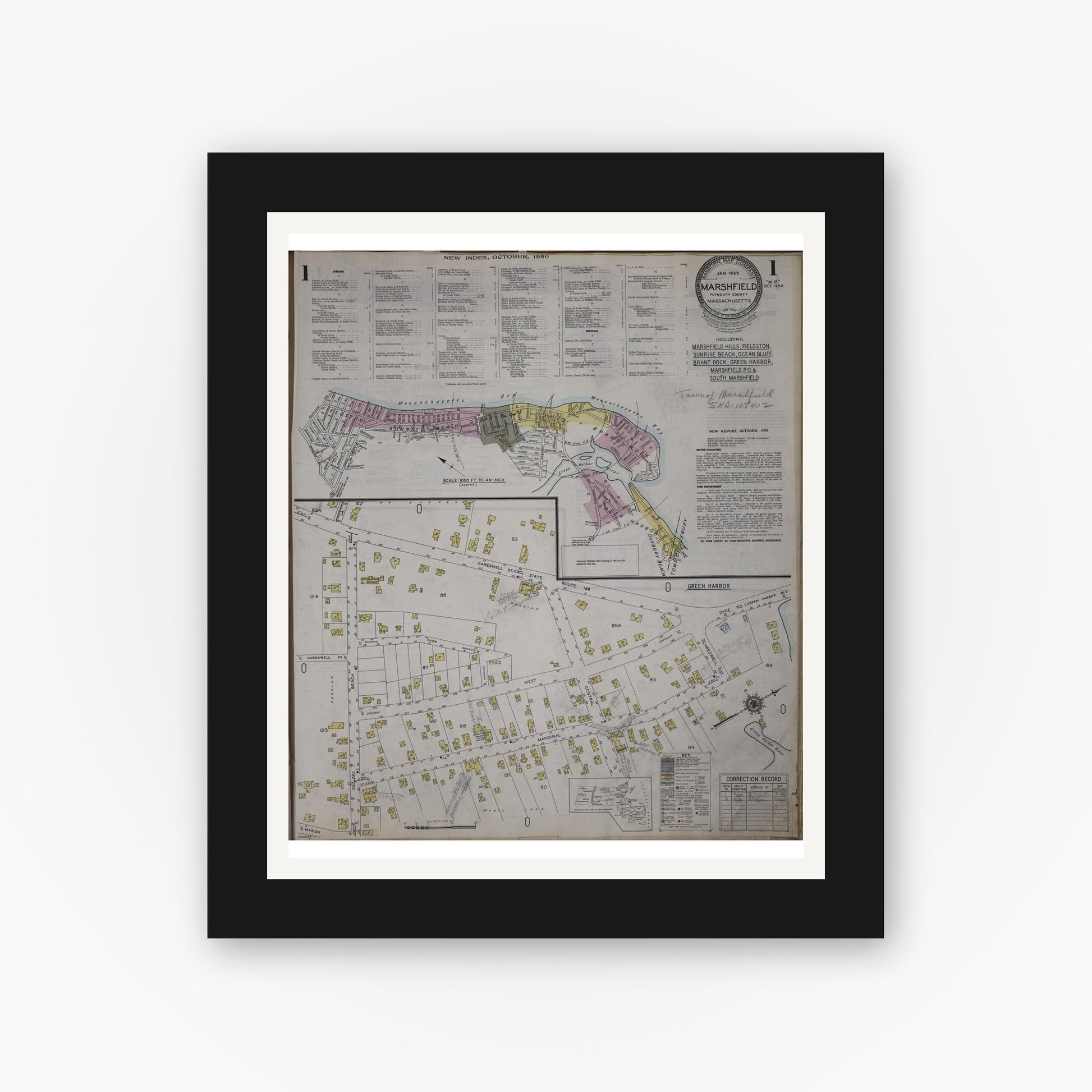 Old map wall art mockup — black gallery frame with white mat — Sanborn Fire Insurance Map from Marshfield, Plymouth County, Massachusetts (1950) - Complete Map Set