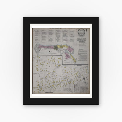Old map wall art mockup — black gallery frame with white mat — Sanborn Fire Insurance Map from Marshfield, Plymouth County, Massachusetts (1950) - Complete Map Set