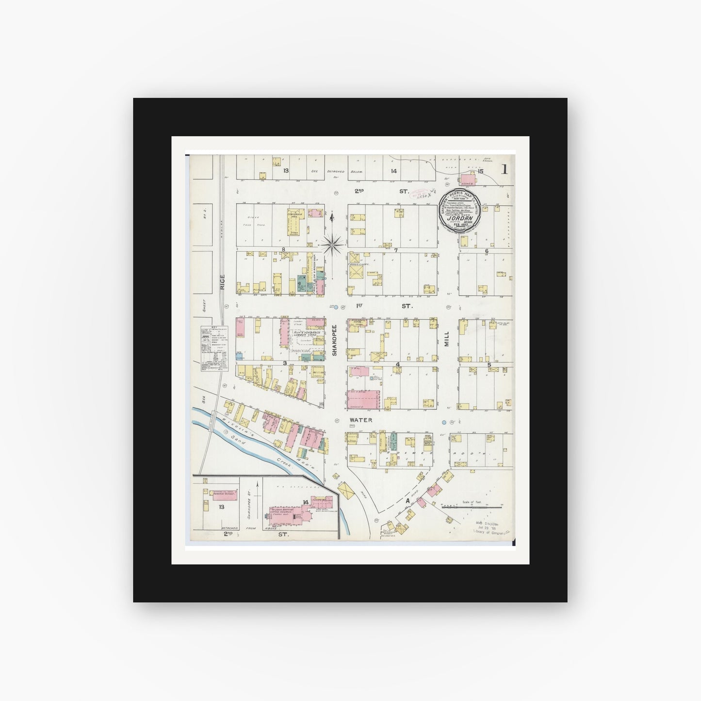 Old map wall art mockup — black gallery frame with white mat — Sanborn Fire Insurance Map from Jordan, Scott County, Minnesota (1892) - Complete Map Set