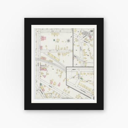 Old map wall art mockup — black gallery frame with white mat — Sanborn Fire Insurance Map from Hudson, Columbia County, New York (1889), Sheet #0010