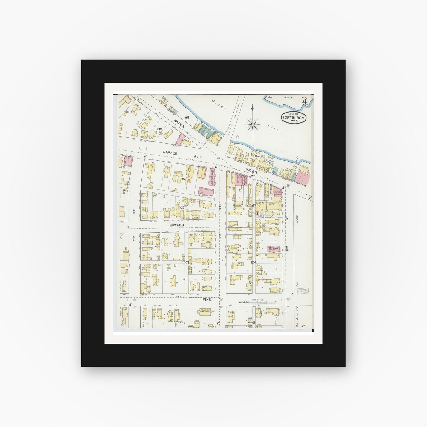 Old map wall art mockup — black gallery frame with white mat — Sanborn Fire Insurance Map from Port Huron, Saint Clair County, Michigan (1892), Sheet #0004