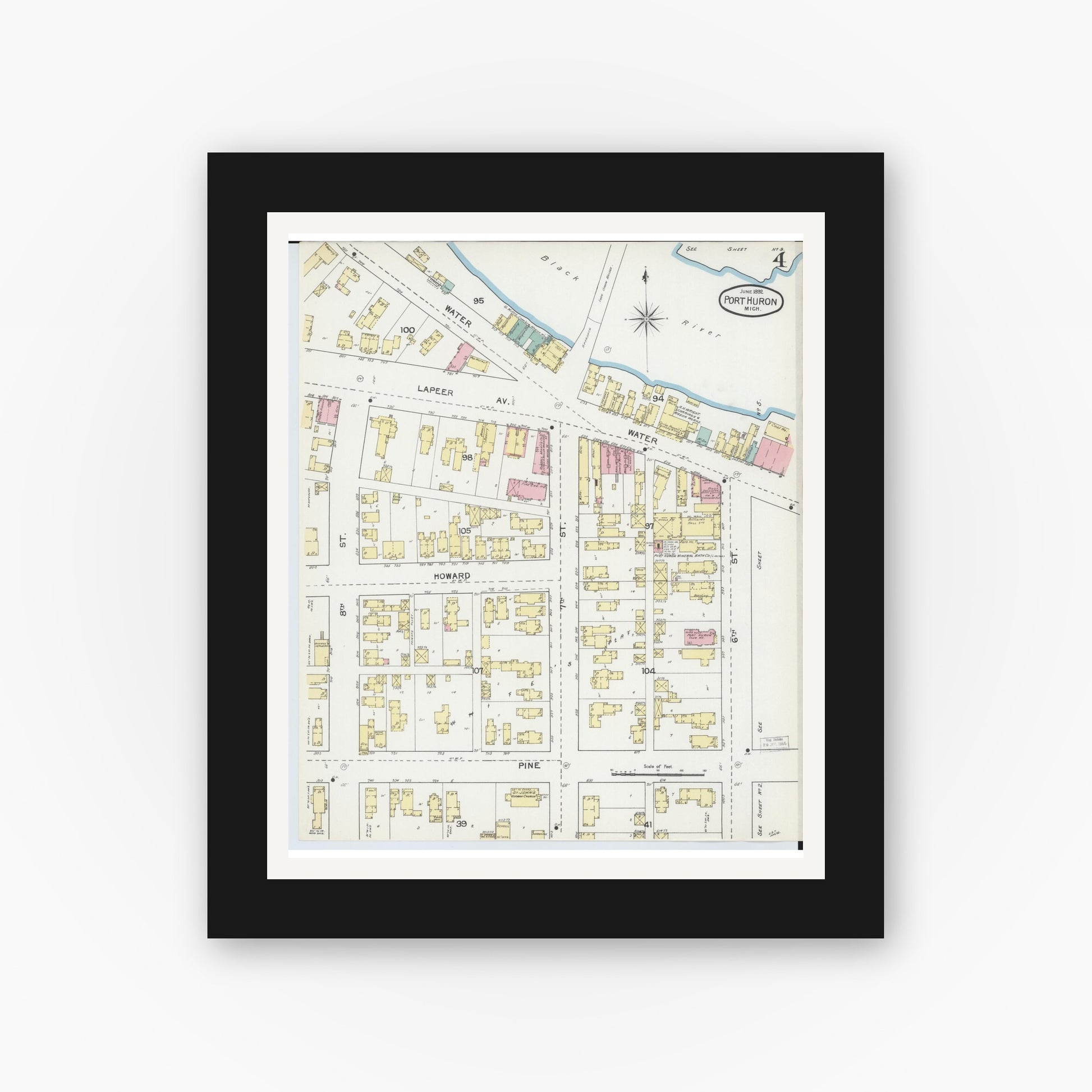 Old map wall art mockup — black gallery frame with white mat — Sanborn Fire Insurance Map from Port Huron, Saint Clair County, Michigan (1892), Sheet #0004