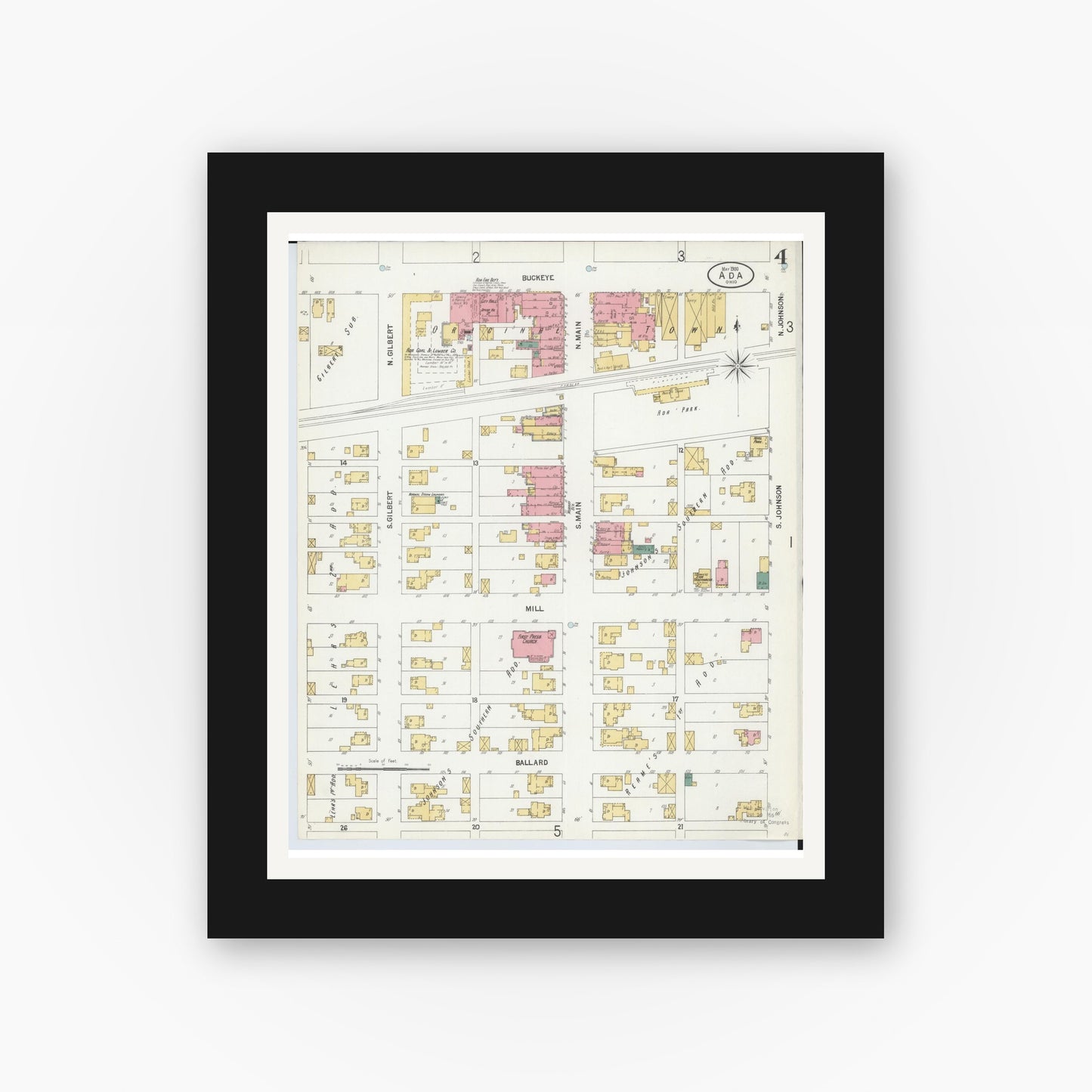Old map wall art mockup — black gallery frame with white mat — Sanborn Fire Insurance Map from Ada, Hardin County, Ohio (1900), Sheet #0004