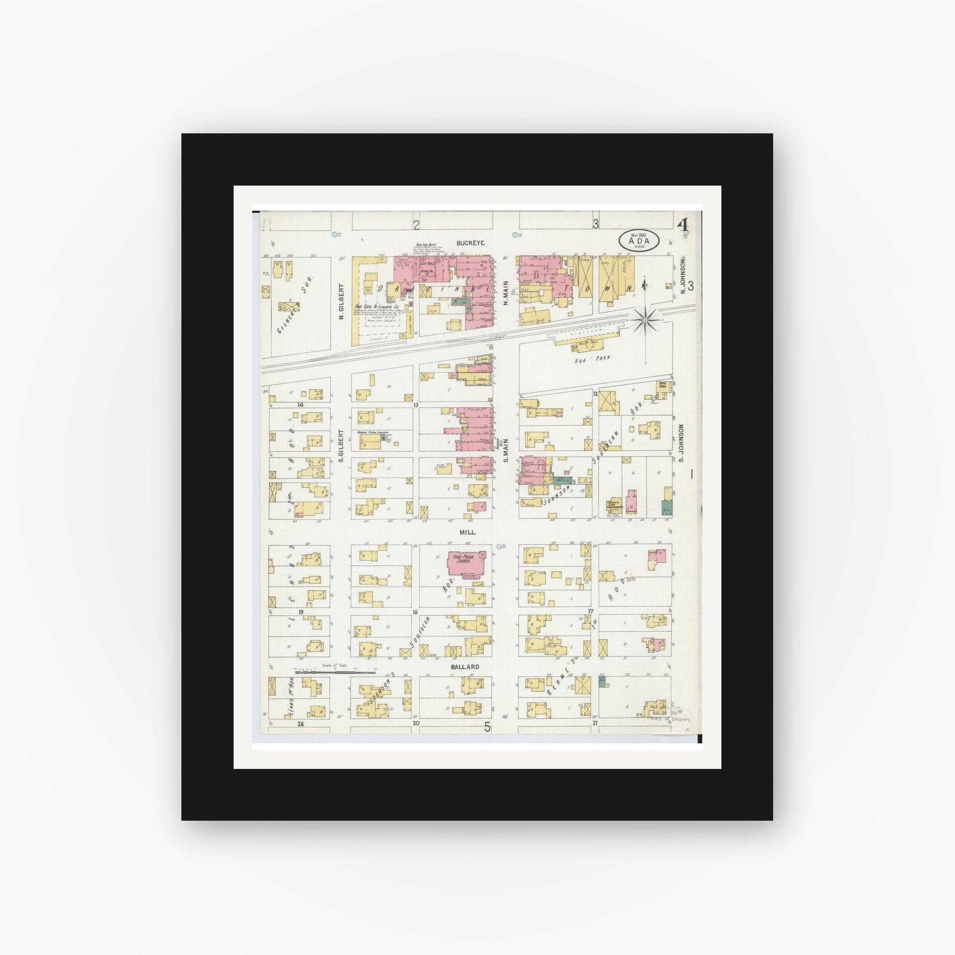 Old map wall art mockup — black gallery frame with white mat — Sanborn Fire Insurance Map from Ada, Hardin County, Ohio (1900), Sheet #0004