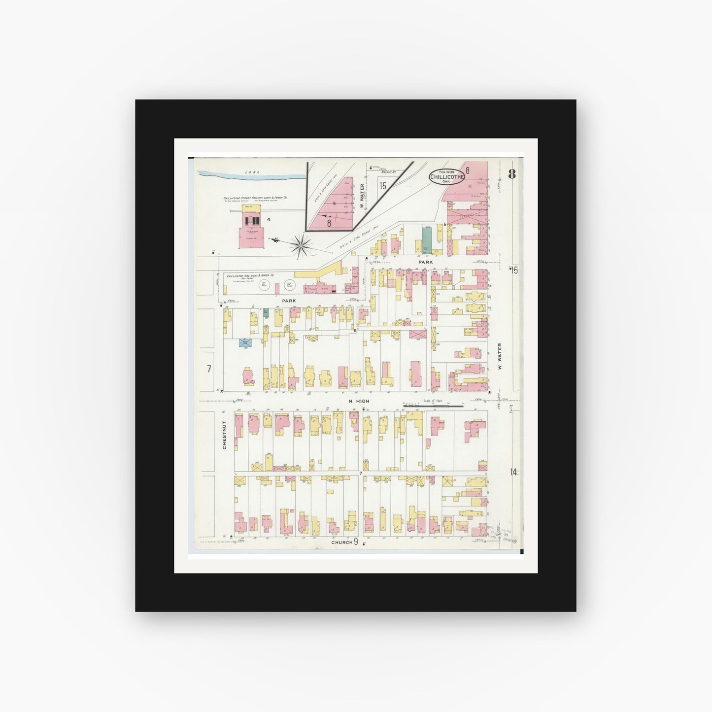 Old map wall art mockup — black gallery frame with white mat — Sanborn Fire Insurance Map from Chillicothe, Ross County, Ohio (1909), Sheet #0008