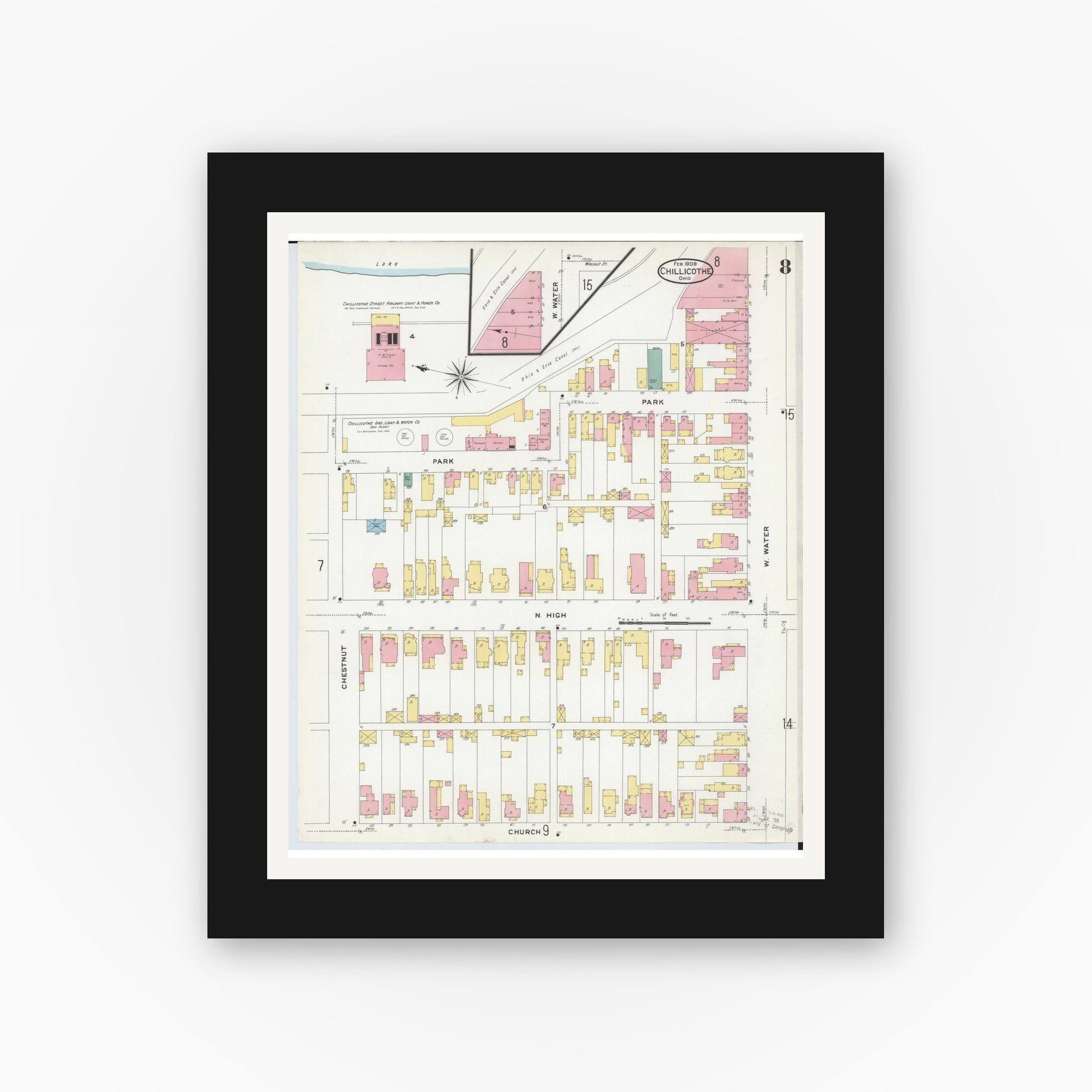 Old map wall art mockup — black gallery frame with white mat — Sanborn Fire Insurance Map from Chillicothe, Ross County, Ohio (1909), Sheet #0008