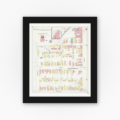 Old map wall art mockup — black gallery frame with white mat — Sanborn Fire Insurance Map from Chillicothe, Ross County, Ohio (1909), Sheet #0008