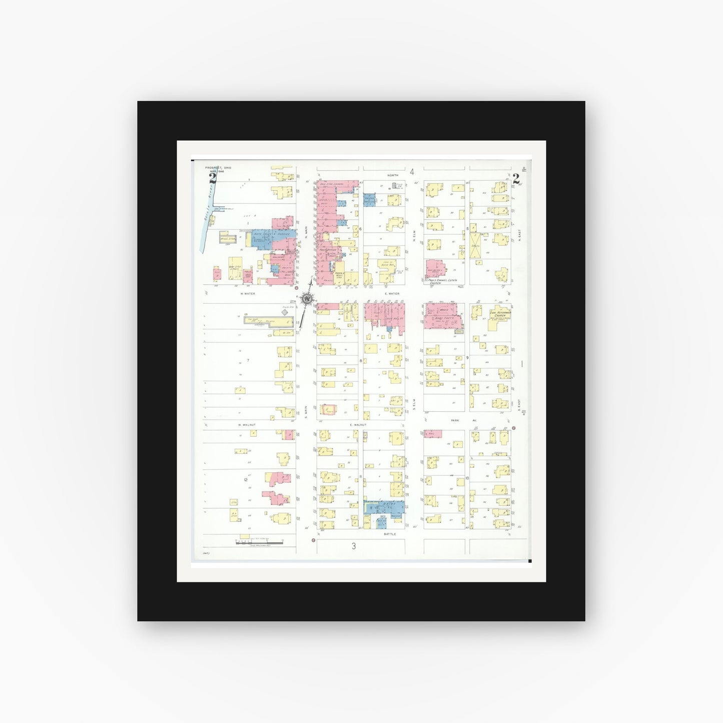 Old map wall art mockup — black gallery frame with white mat — Sanborn Fire Insurance Map from Prospect, Marion County, Ohio (1946), Sheet #0002