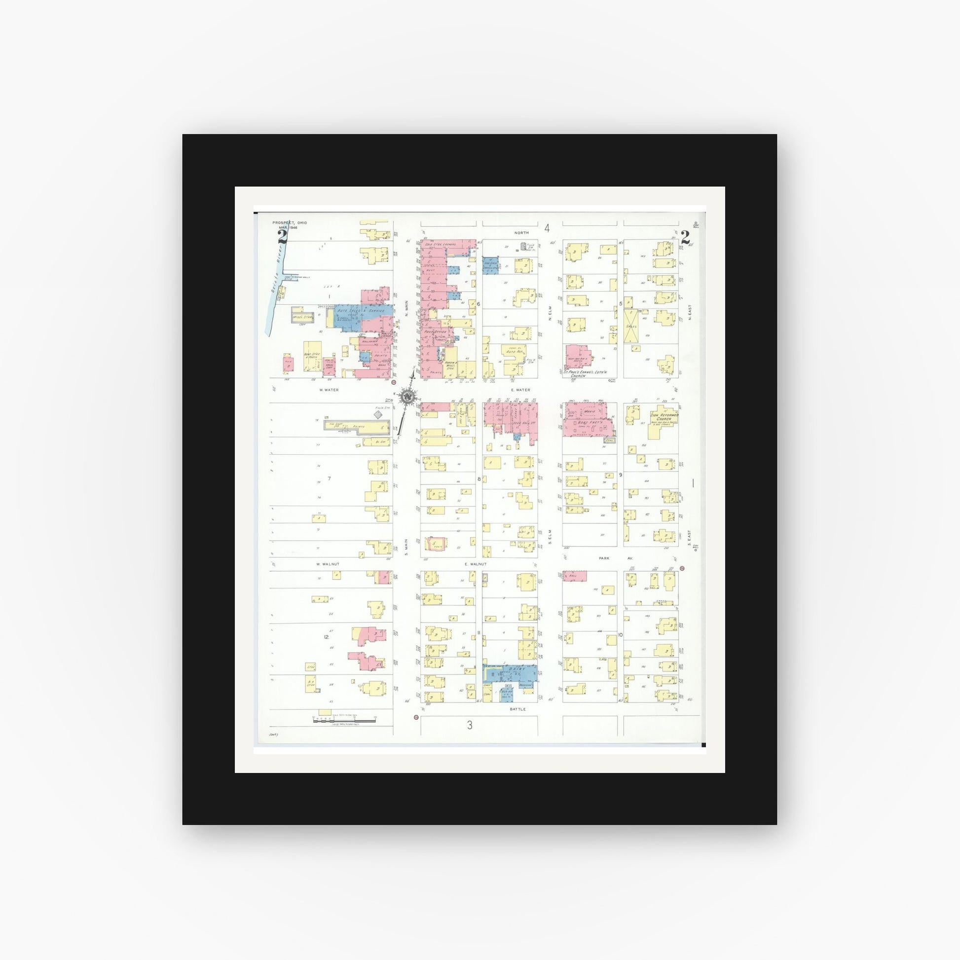 Old map wall art mockup — black gallery frame with white mat — Sanborn Fire Insurance Map from Prospect, Marion County, Ohio (1946), Sheet #0002