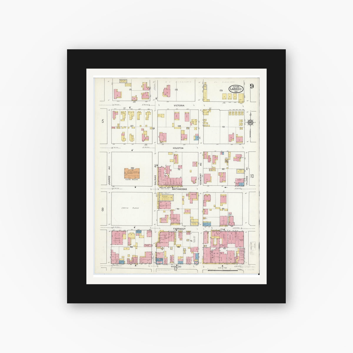 Old map wall art mockup — black gallery frame with white mat — Sanborn Fire Insurance Map from Laredo, Webb County, Texas (1916), Sheet #0009