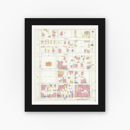 Old map wall art mockup — black gallery frame with white mat — Sanborn Fire Insurance Map from Laredo, Webb County, Texas (1916), Sheet #0009