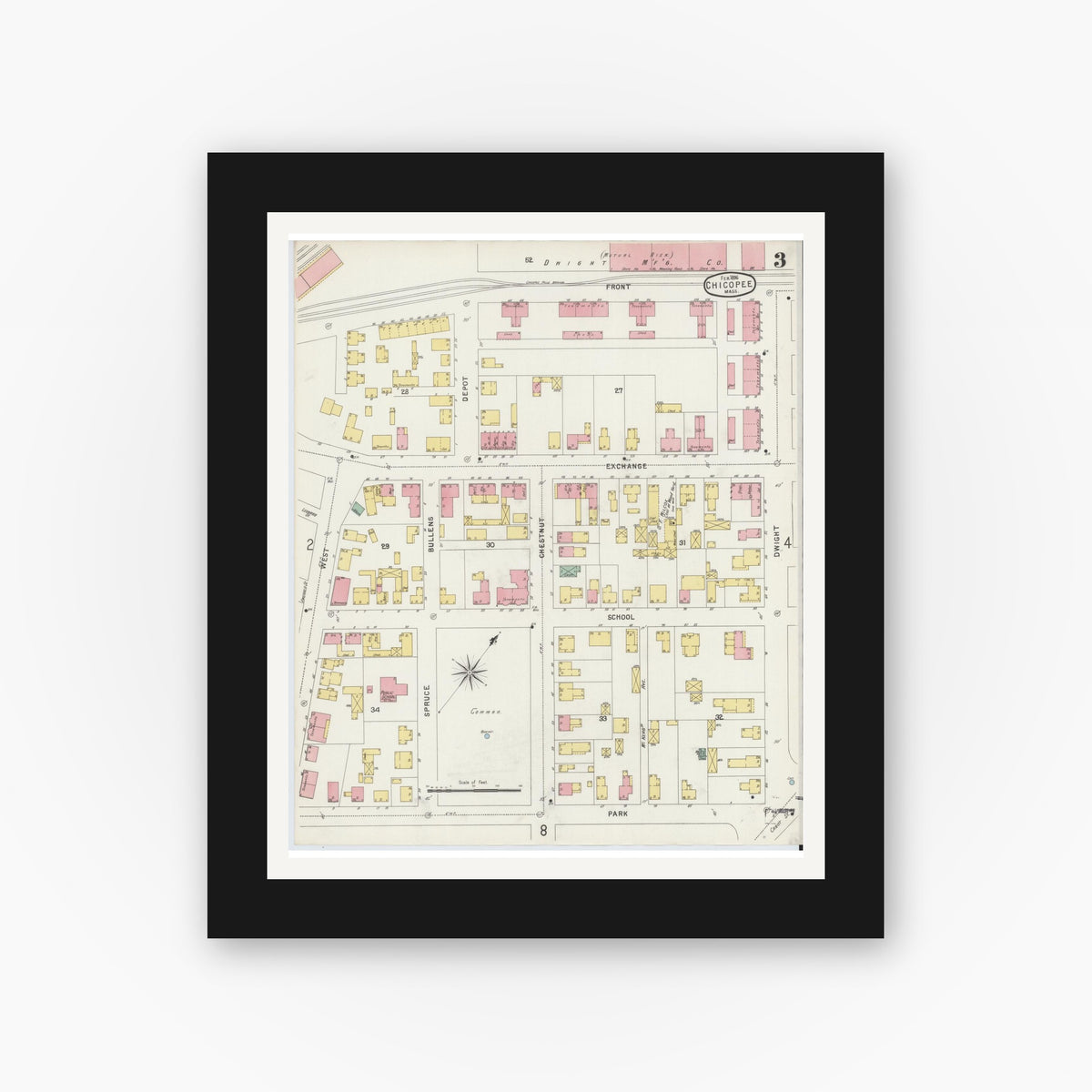 Old map wall art mockup — black gallery frame with white mat — Sanborn Fire Insurance Map from Chicopee, Hampden County, Massachusetts (1896), Sheet #0003