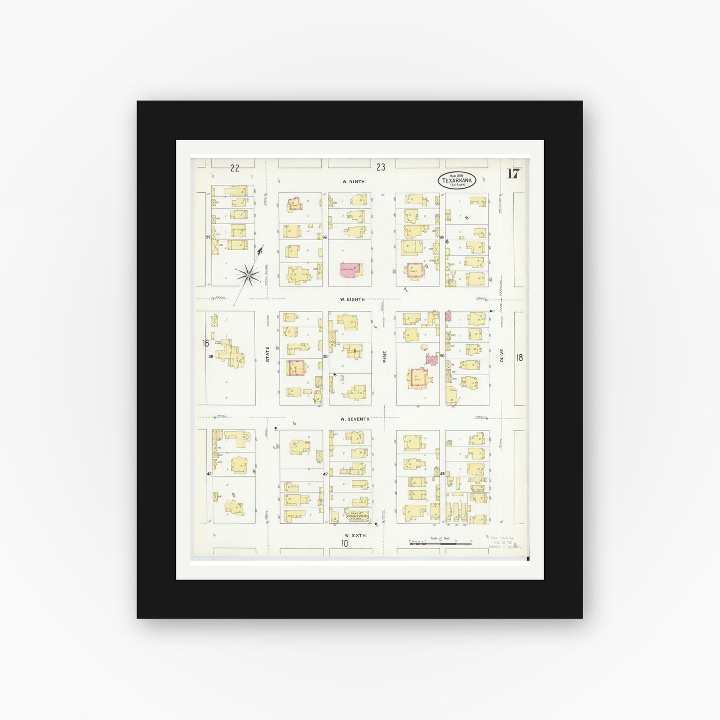Old map wall art mockup — black gallery frame with white mat — Sanborn Fire Insurance Map from Texarkana, Bowie County, Texas (1909), Sheet #0017
